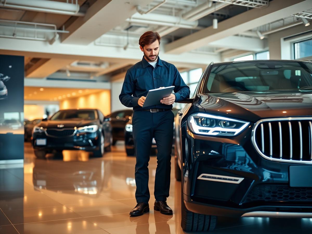 Laba Auto technician inspecting a luxury vehicle in the Sample City showroom
